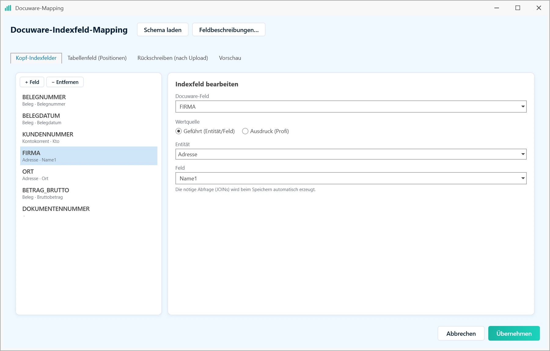Appontes PowerTools: DocuWare-Mapping – Sage-Felder → Indexfelder
