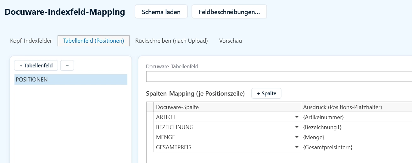 DocuWare-Mapping: Belegpositionen auf die Spalten eines DocuWare-Tabellenfelds abbilden